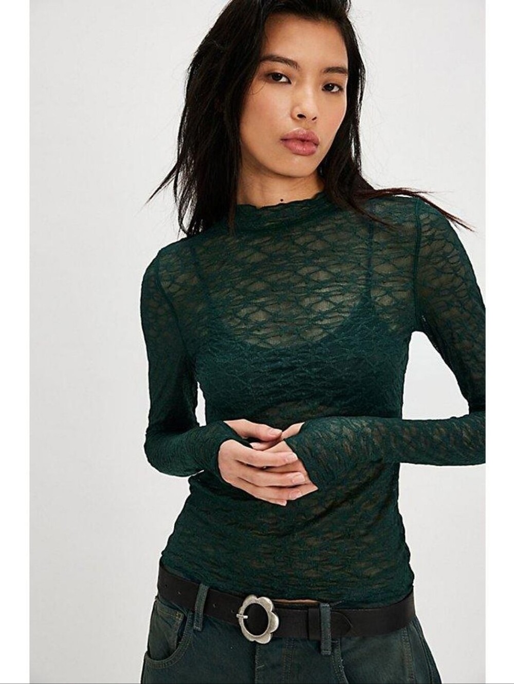 Free People Sheer Lace Mock-Neck Long Sleeve Top in Dark Green